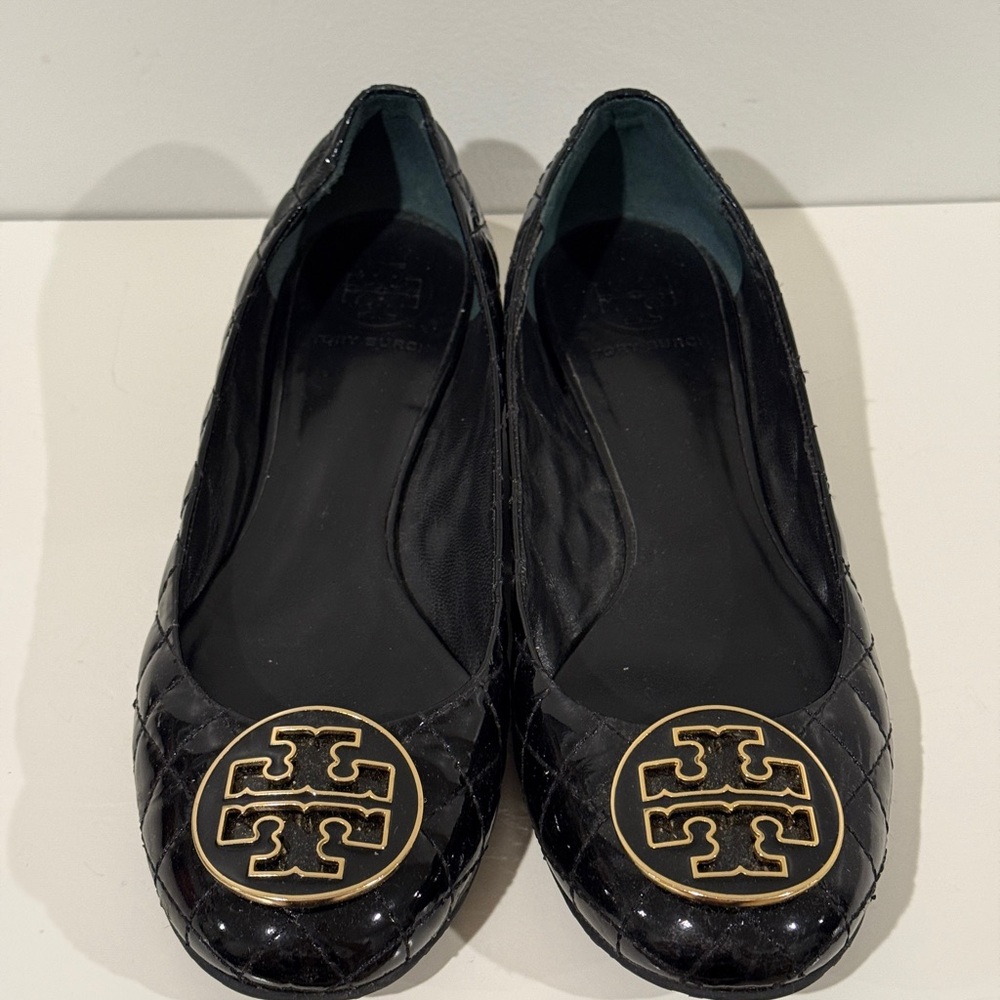 Tory Burch Black Patent Quilted Leather Flats size 8M